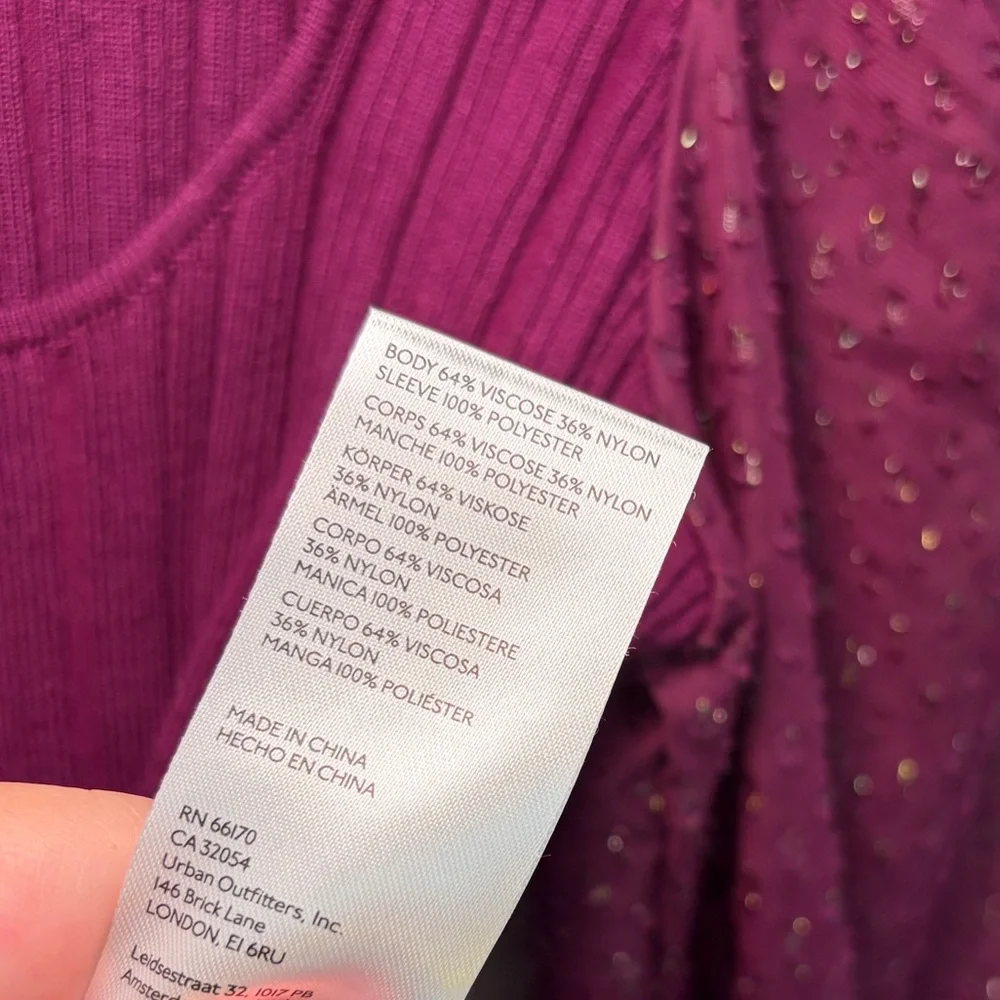 Anthropologie Puff-Sleeve Shimmer Plum Ribbed Knit Top Sheer Puff Sleeves Boho S